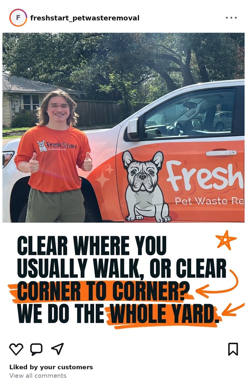 Fresh Start Pet Waste Removal social post from Jul 31, 2026: Clear where you usually walk, or clear corner to corner? We do the whole yard.