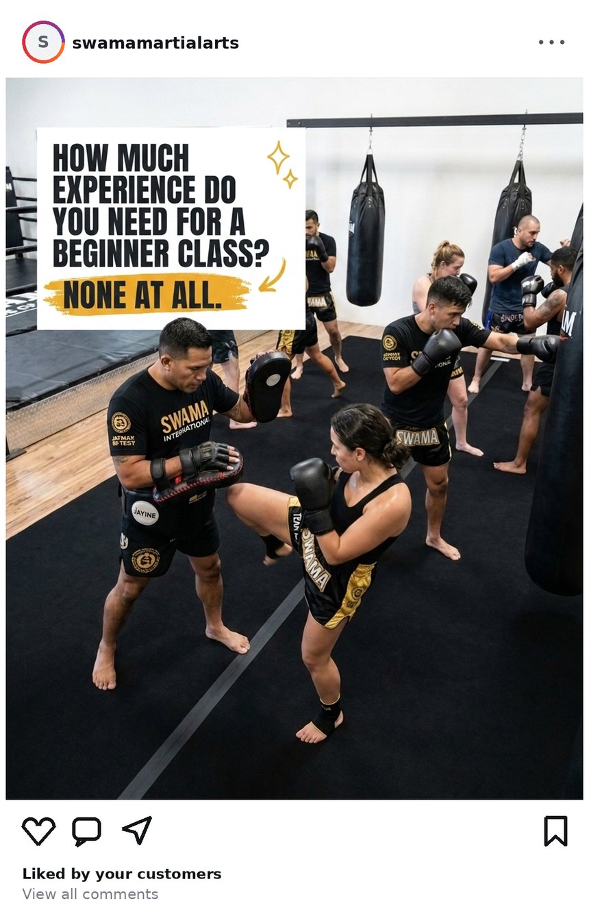 SWAMA Muay Thai social post from Jul 26, 2026: How much experience do you need for a beginner class? None at all.