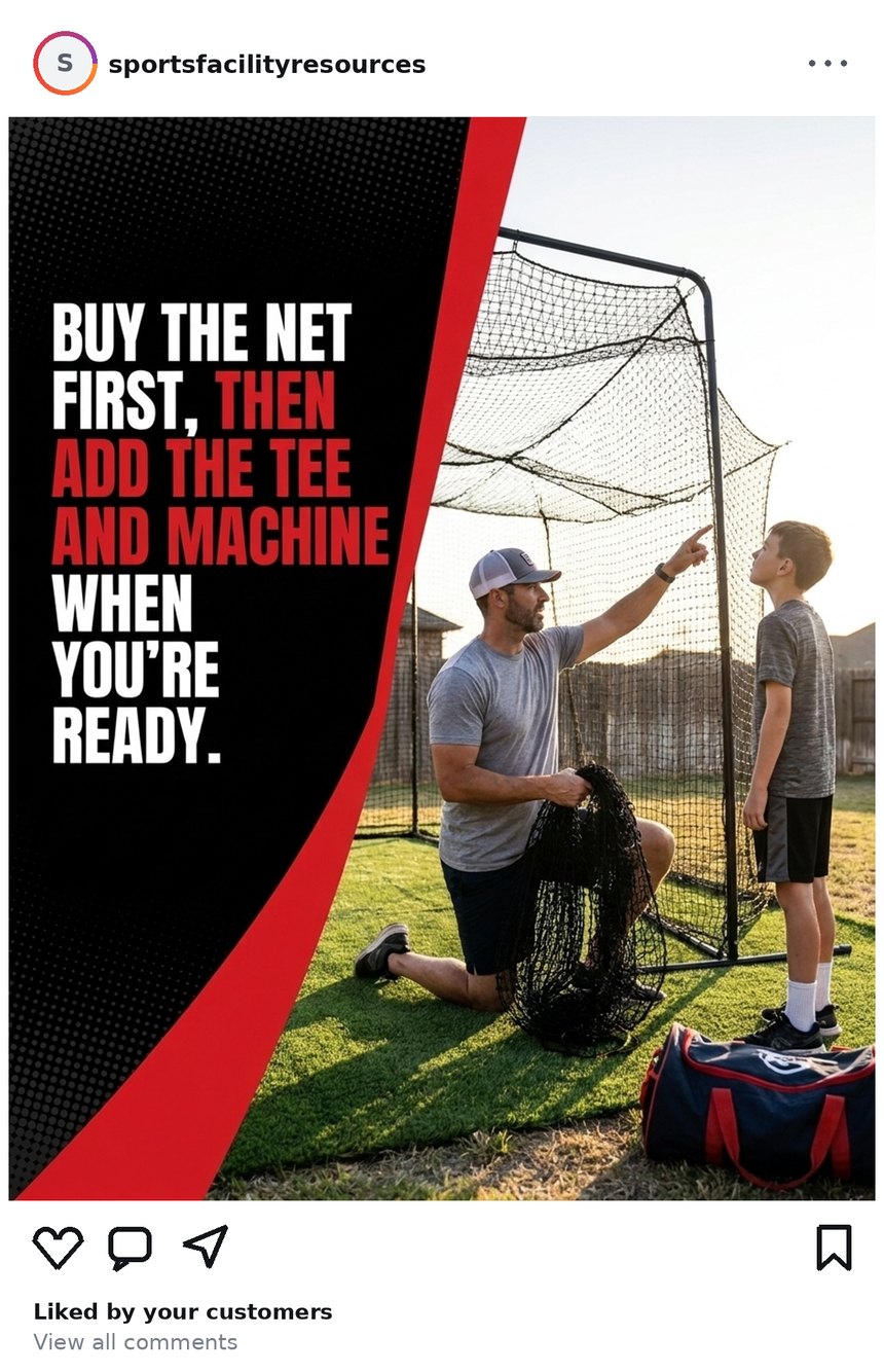 Sports Facility Resources social post from Jul 28, 2026: Buy the net first, then add the tee and machine when you're ready.