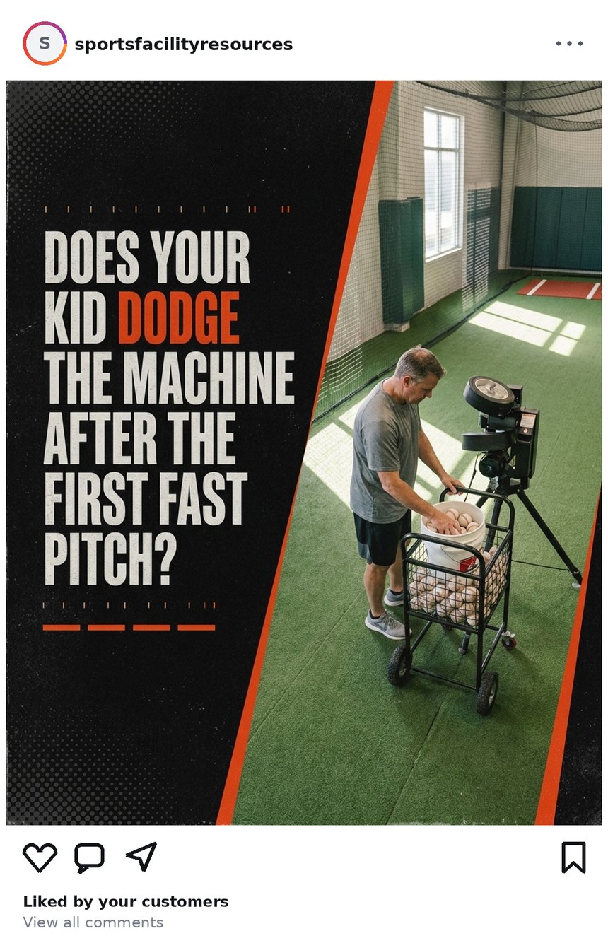 Sports Facility Resources social post from Jul 29, 2026: Does your kid dodge the machine after the first fast pitch?